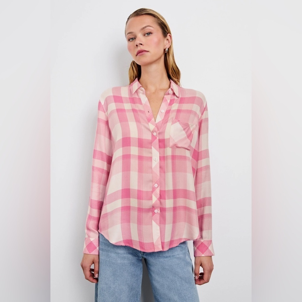Rails Hunter Shirt XS Ivory Rose Pink Plaid Rayon Button Down